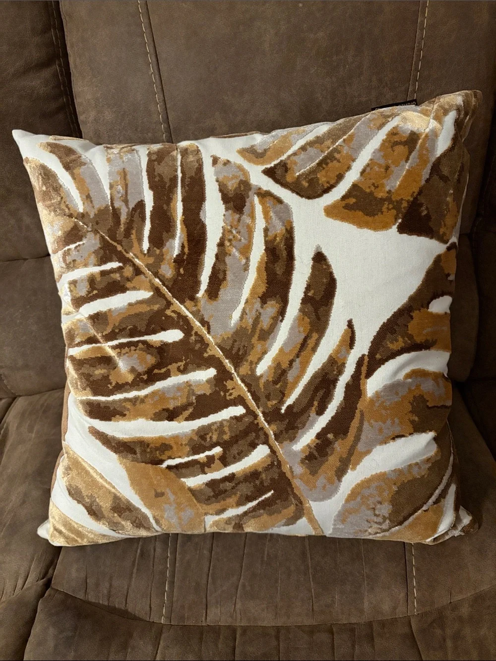 Tropical Leaf Accent Pillow in Brown and Cream - Neutral Botanical Throw